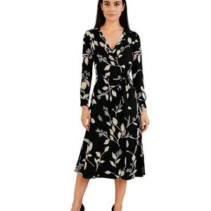 H&M Small Black White Floral Leaf Vneck Midi Dress Neutral Office Classy